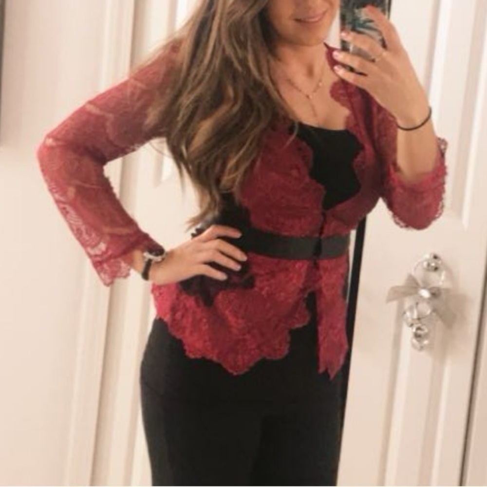 VENUS Red Lace Sheer Sleeve Holiday Blazer Jacket - Picture 2 of 7